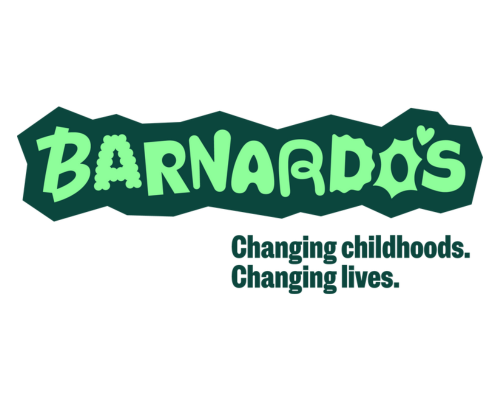 Barnardo's logo: fun, randomised light green text with a darker green border.