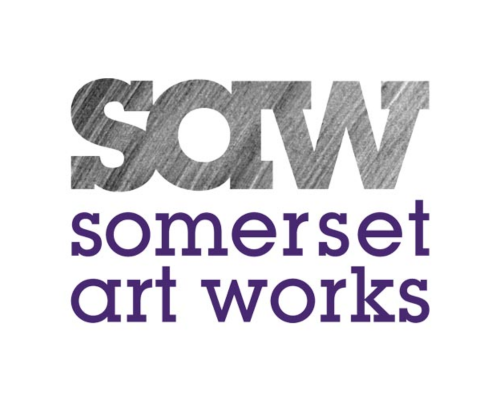 Somerset Art Works logo: purple, serif, lower case text with the acronym "SAW" in shaded pencil