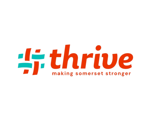 Thrive logo: reddish orange text with graphic to illustrate interwoven threads