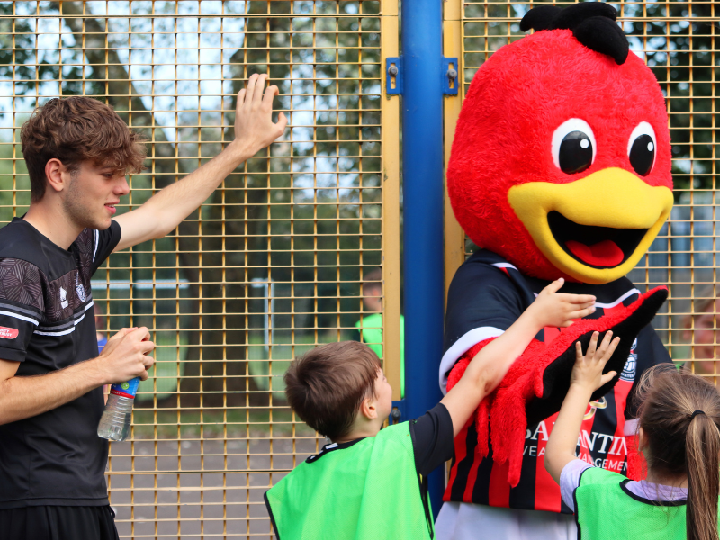 A photo of a young volunteer stood next to a football mascot dressed as a cartoon-style red chicken. Children in green vests are giving the mascot a high five.