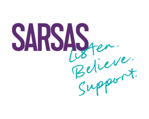 SARSAS logo: Purple text with blue tagline 'Listen, Believe, Support'