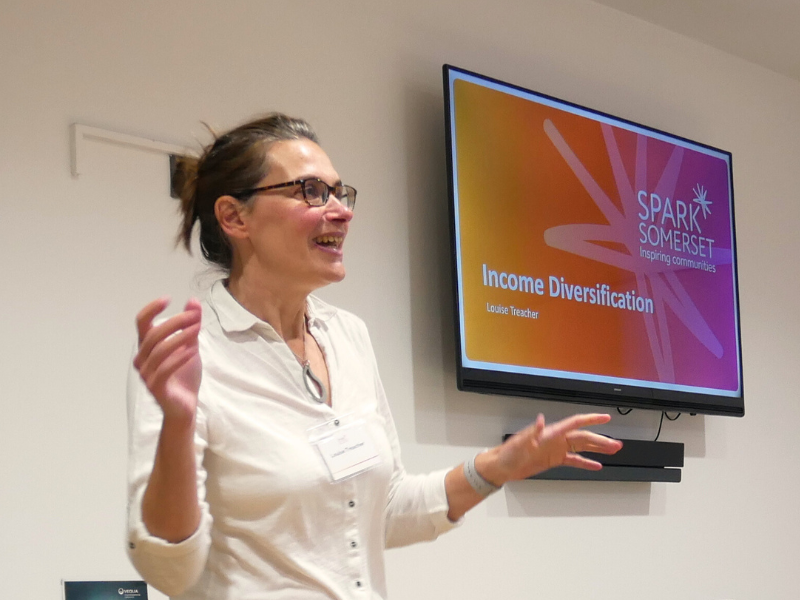 A photo of a member of the Spark Somerset team, presenting to a room. Behind her is the first slide of a presentation on Income Diversification.