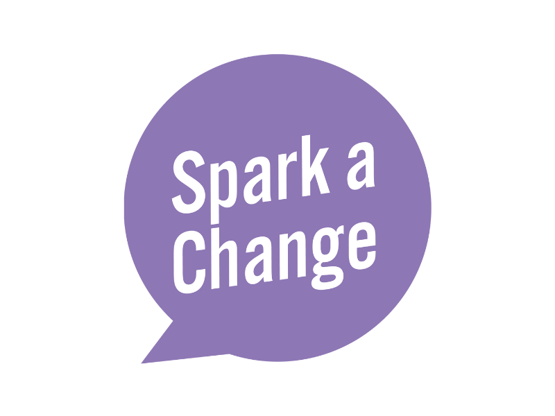 Spark a Change logo: white text on a purple speech bubble