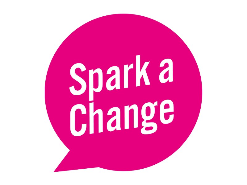 Spark a Change logo: white text on a bright pink speech bubble