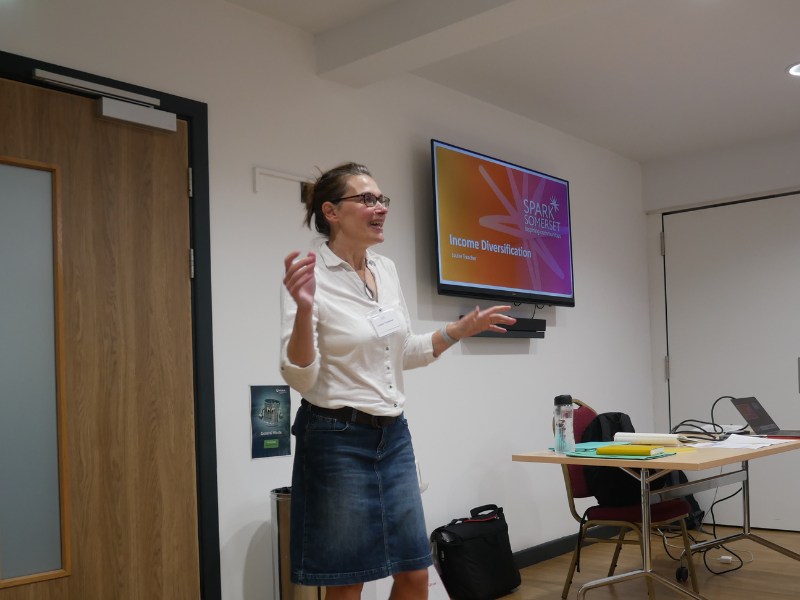 Photograph of a woman presenting, a large TV is displaying the Spark Somerset logo alongside the words 'Income diversification'.