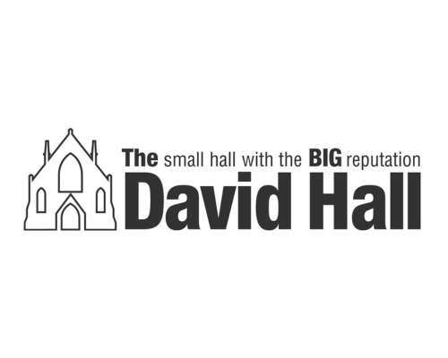 Logo for the David Hall: Dark grey text with an simple outline of the building. Tagline: The small hall with the big reputation