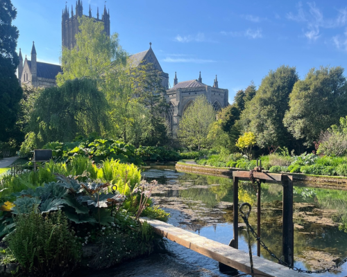 A scenic photograph of the grounds at Bishop's Palace; the palace is in the background, steeple and spires reaching into the clear blue sky. In the foreground are lush bushes and a small lake.