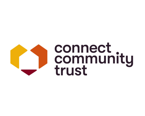 Logo: Connect Community Trust - black, lowercase text with an orange and yellow heart icon