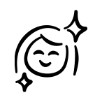 Hand-drawn illustrative icon depicting a smiling face with stars and sparkles around it