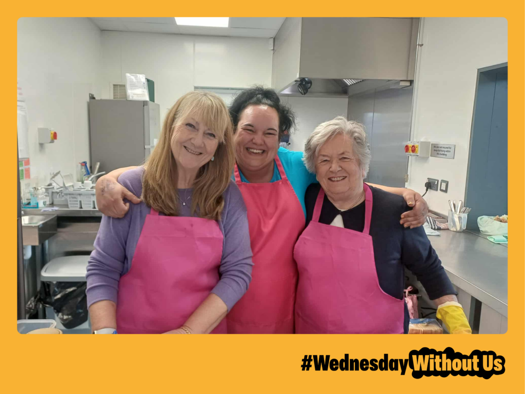 Volunteers Sandy Vicki and Sue at the Brichfield PPG celebration event with the Wednesday Without us logo overlaid