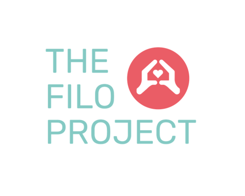 Logo for The Filo Project: capitalised, eggshell blue text with a logo of two hands forming a house-shape, with a heart in the middle