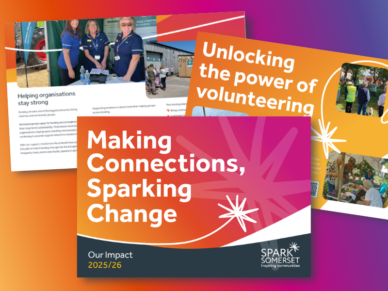 A graphic showing pages from our 2026 impact report, including the title, 'Making connections, sparking change'