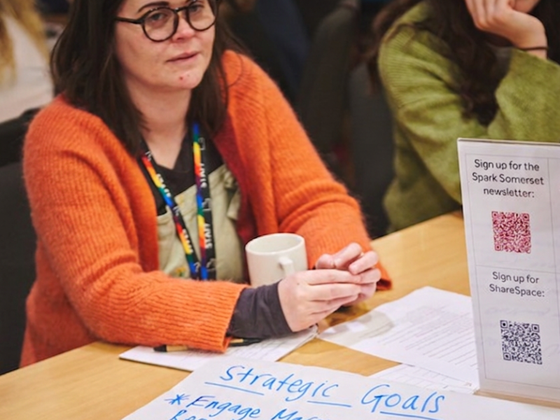 A photo of a wowan sat at a table with a large sheet of paper with strategic goals written on it.